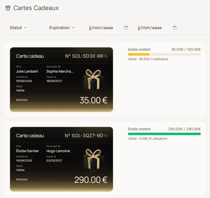 Écran Cartes cadeaux d'Obooking : chaque carte avec son solde restant, sa date d'achat et sa date d'expiration.