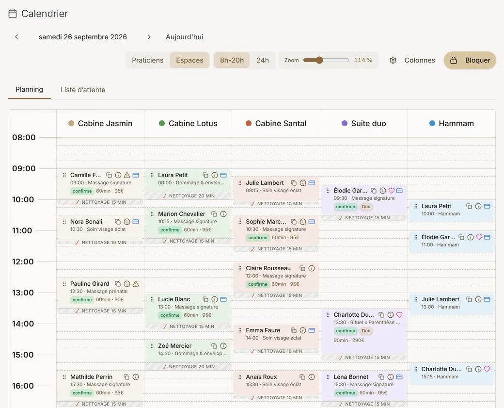 Planning d'Obooking en vue Espaces : une colonne par cabine, la suite duo et le hammam, chaque rendez-vous suivi de son temps de nettoyage.
